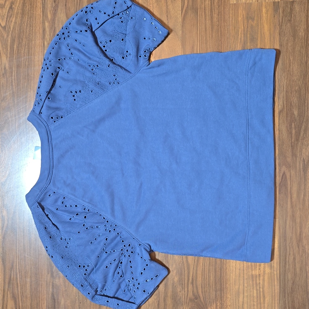 LOFT Petite Eyelet Mixed Media Short Sleeve Sweatshirt - Picture 8 of 10